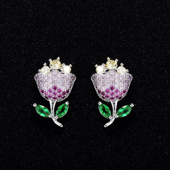 Stunning Tulip Diamond CZ Silver Stud Earrings - Picture 3 of 5
